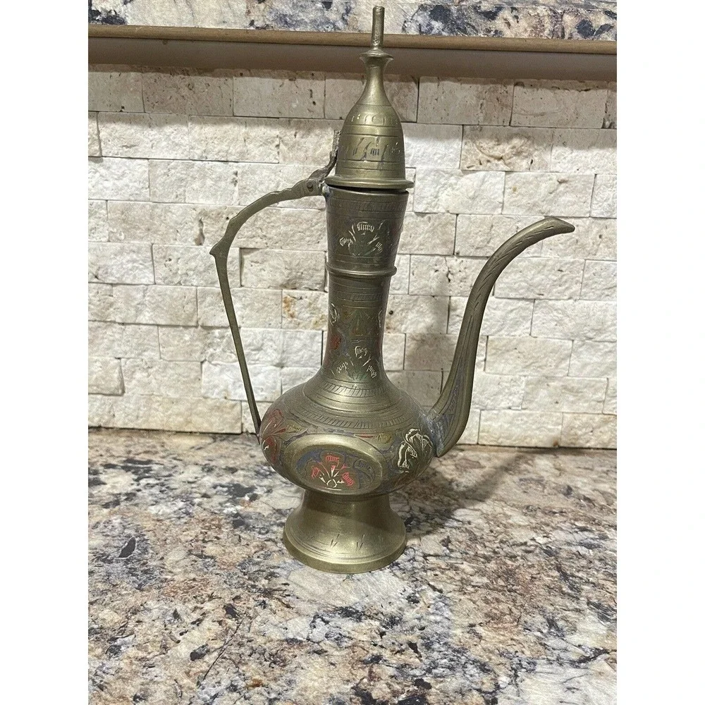 Vintage Brass Teapot Genie Lamp Pitcher Made in India Ornate Etched‎ 9